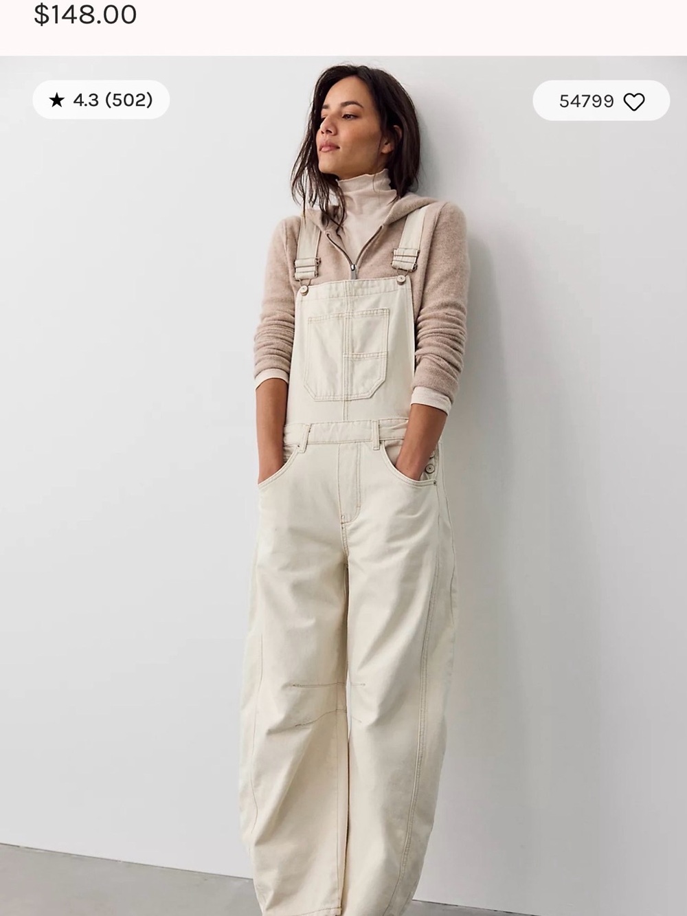 NWT We the Free Good Luck Barrel Overalls Cream Size Large
